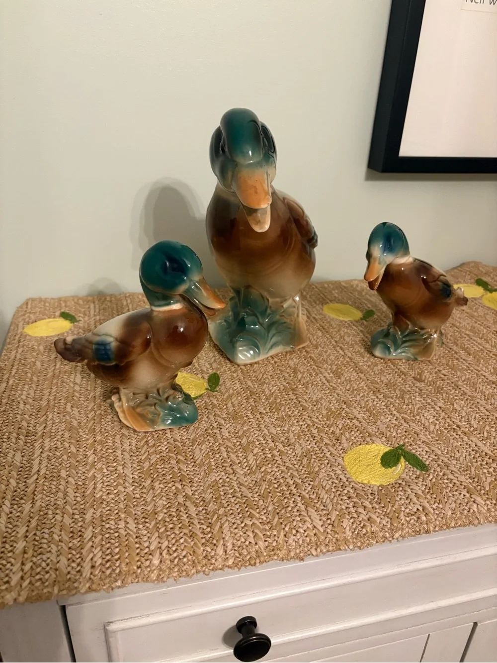 Vintage Porcelain Mallard Duck Family Figurines 3 Pc Set Decoys Parent Ducklings